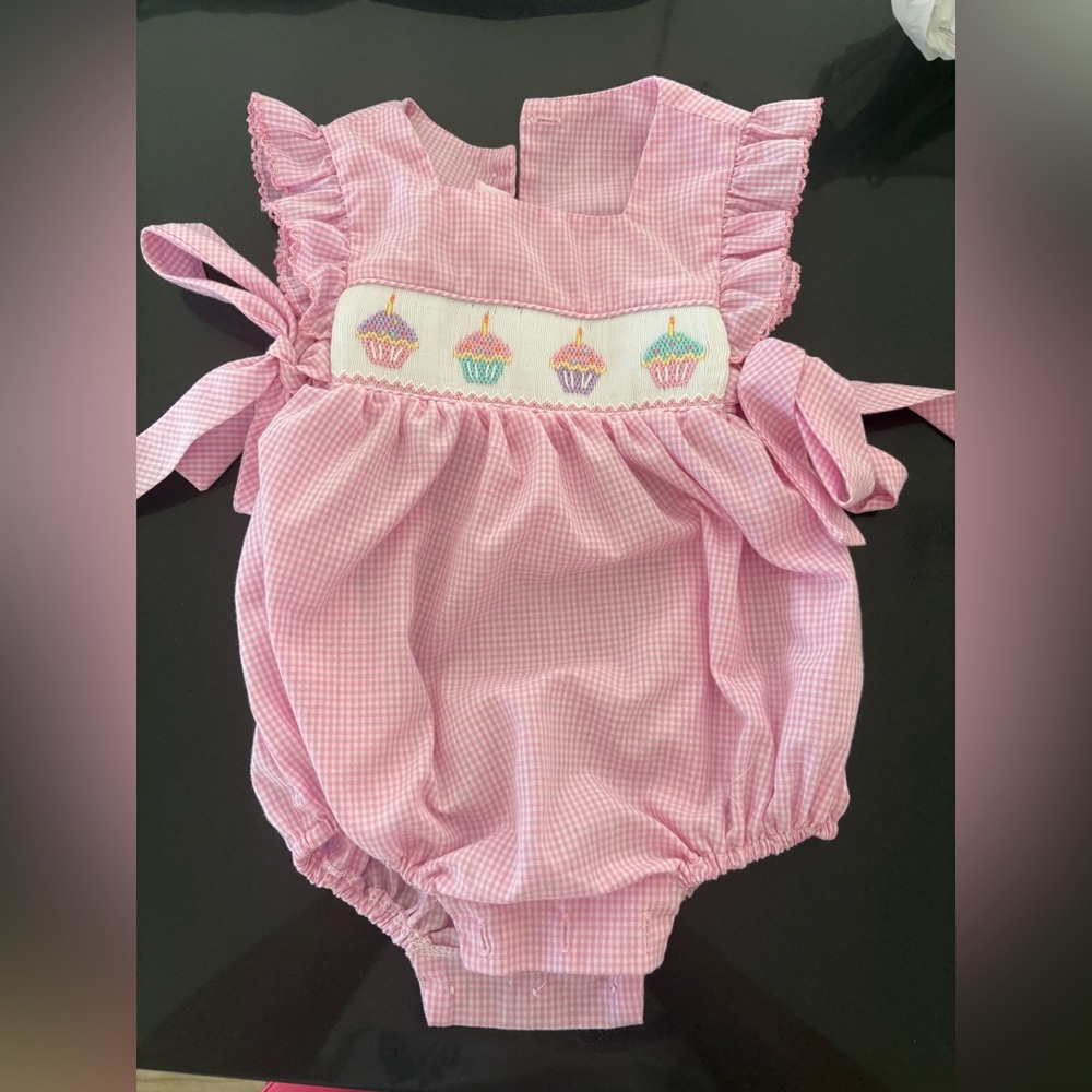 Pink Gingham Baby Romper with Cupcake Embroidery